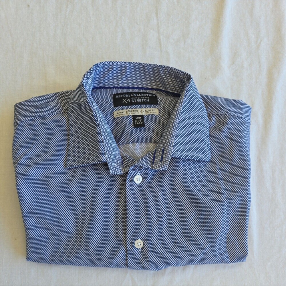Report Collection Button Up Shirt Mens Medium  Blue Slim Fit Stretch Performance